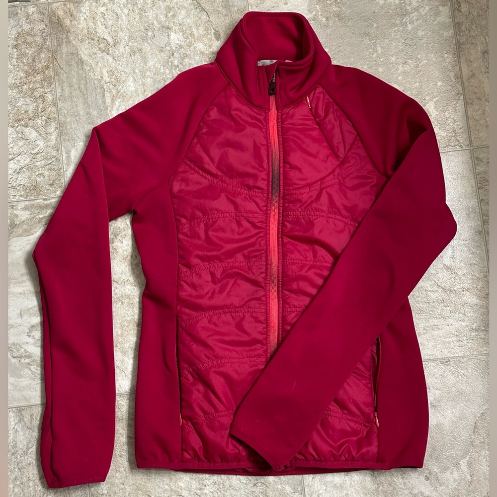 Athleta 3 Pocket Half Puffer Outerwear Jacket Red With Thumb Holes Size XS